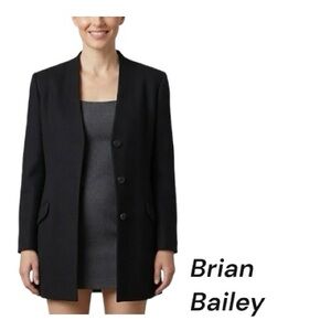 Brian Bailey Longline Wool Blazer Overcoat Black Collarless V Neck Vintage Lux